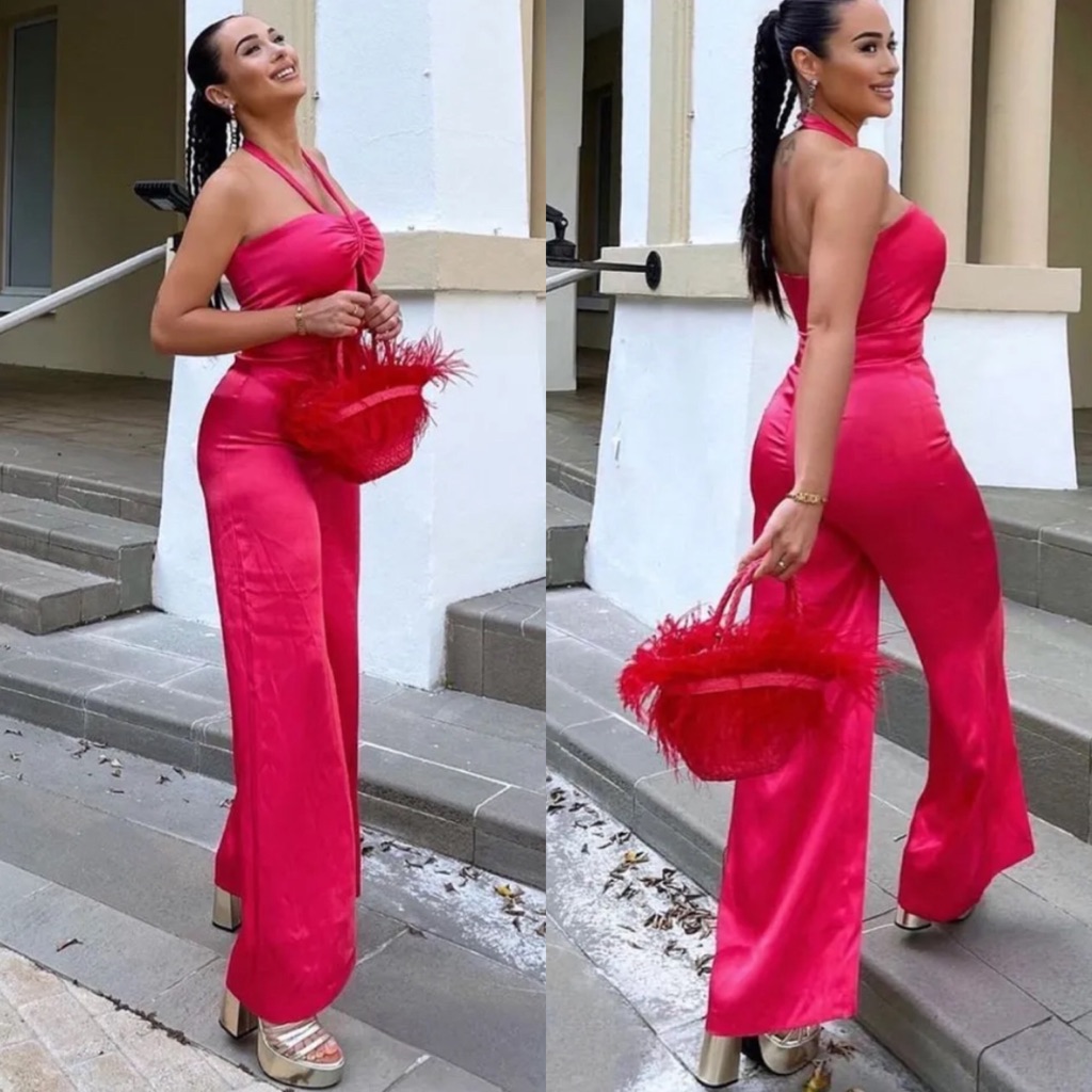 Zara Satin Effect Cut Out Detail Halter Wide Leg Jumpsuit Red Size L New